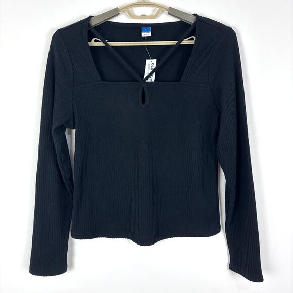 Old Navy Fitted Long-Sleeve Strappy Keyhole Top NEW Large Black Ribbed 745101 - Picture 2 of 9